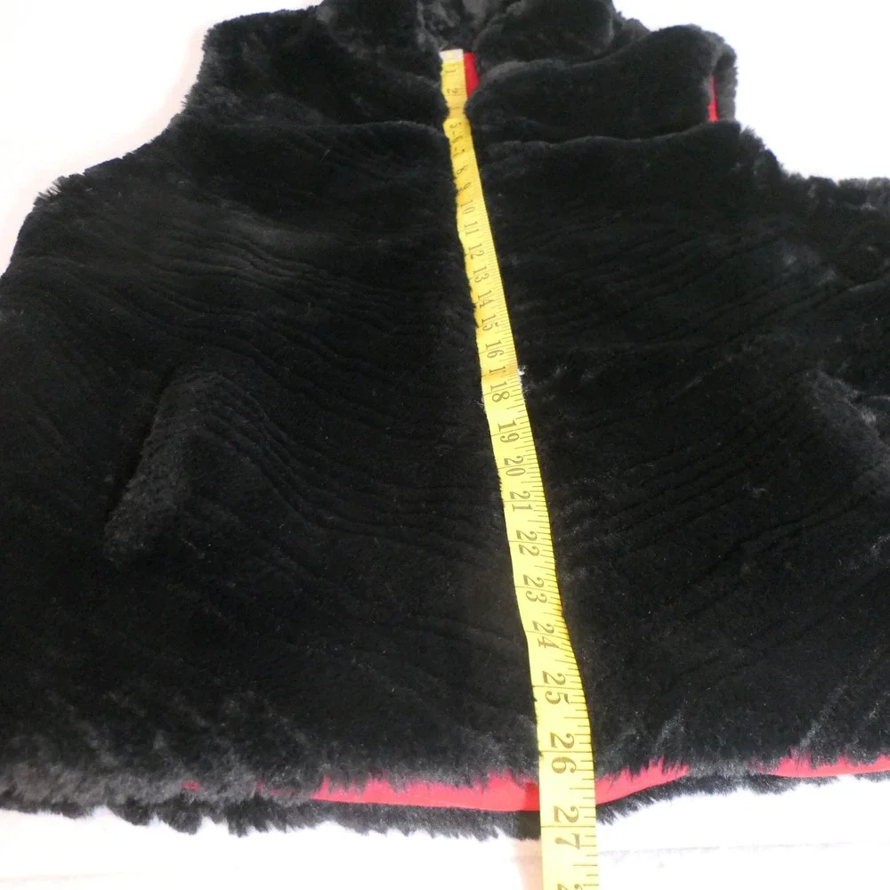 Dennis Basso Womens Reversible Faux Fur Vest L Black Red Glam Mob Wife Luxury